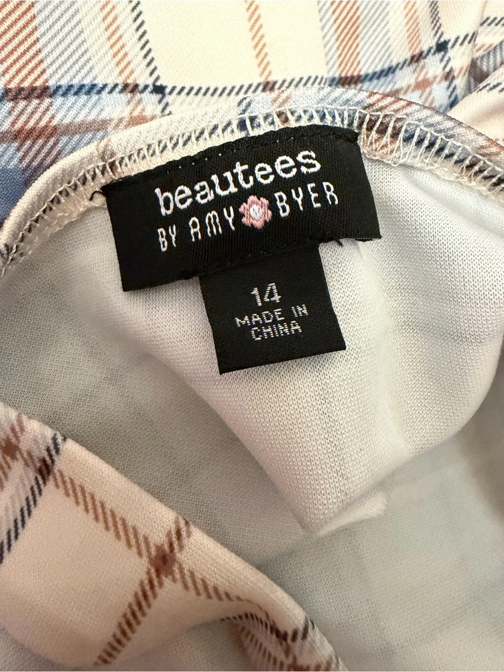 Beauties by Amy Byer Beige and Blue Plaid Pinafore Mini Dress